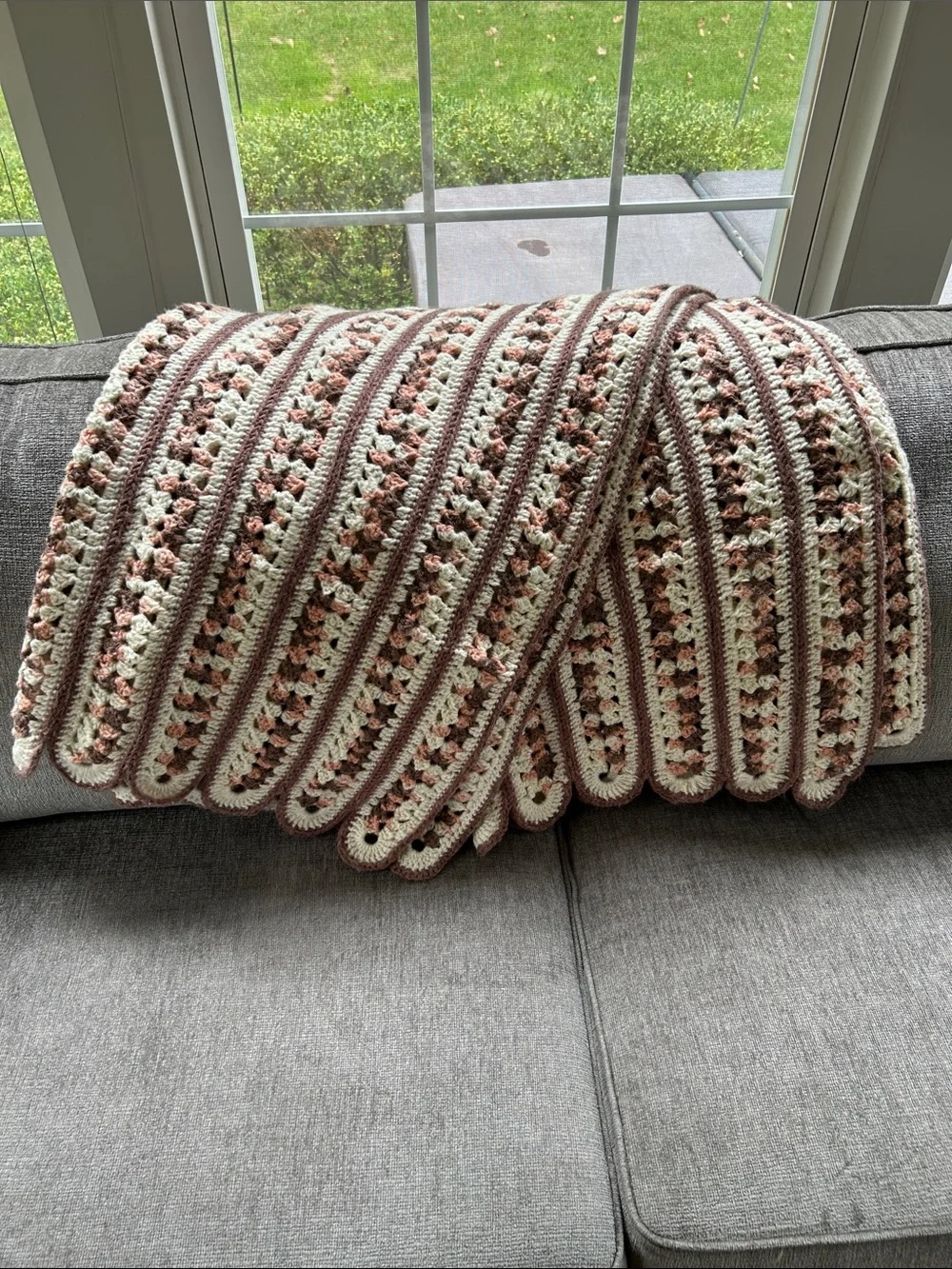 Handmade Crochet Mile-A-Minute Throw Blanket in Taupe, Cream and Blush